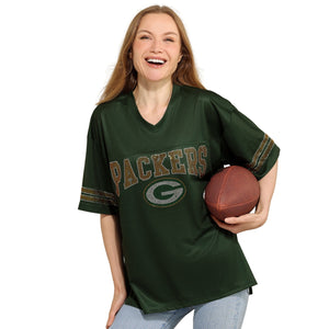 Green Bay Packers NFL Womens Rhinestone Logo Oversized V-Neck Mesh T-Shirt