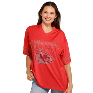 Kansas City Chiefs NFL Womens Rhinestone Logo Oversized V-Neck Mesh T-Shirt
