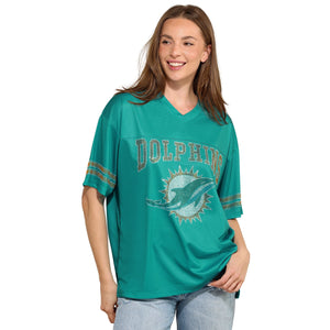 Miami Dolphins NFL Womens Rhinestone Logo Oversized V-Neck Mesh T-Shirt