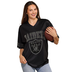 Las Vegas Raiders NFL Womens Rhinestone Logo Oversized V-Neck Mesh T-Shirt