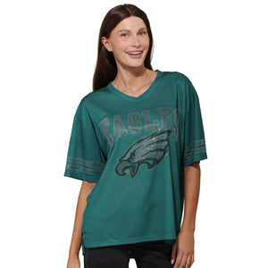 Philadelphia Eagles NFL Womens Rhinestone Logo Oversized V-Neck Mesh T-Shirt