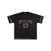Pittsburgh Steelers NFL Womens Rhinestone Logo Oversized V-Neck Mesh T-Shirt (PREORDER - SHIPS MID SEPTEMBER)