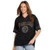 Pittsburgh Steelers NFL Womens Rhinestone Logo Oversized V-Neck Mesh T-Shirt (PREORDER - SHIPS MID SEPTEMBER)