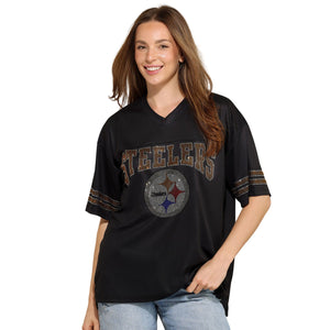 Pittsburgh Steelers NFL Womens Rhinestone Logo Oversized V-Neck Mesh T-Shirt
