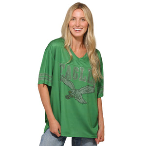 Philadelphia Eagles NFL Womens Kelly Green Rhinestone Logo Oversized V-Neck Mesh T-Shirt