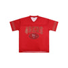 San Francisco 49ers NFL Womens Rhinestone Logo Oversized V-Neck Mesh T-Shirt (PREORDER - SHIPS MID SEPTEMBER)