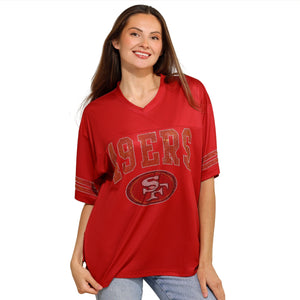 San Francisco 49ers NFL Womens Rhinestone Logo Oversized V-Neck Mesh T-Shirt
