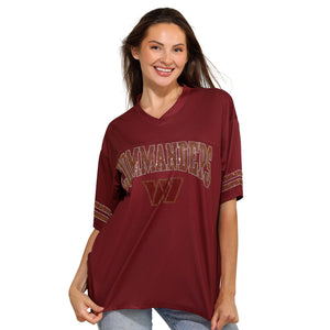 Washington Commanders NFL Womens Rhinestone Logo Oversized V-Neck Mesh T-Shirt