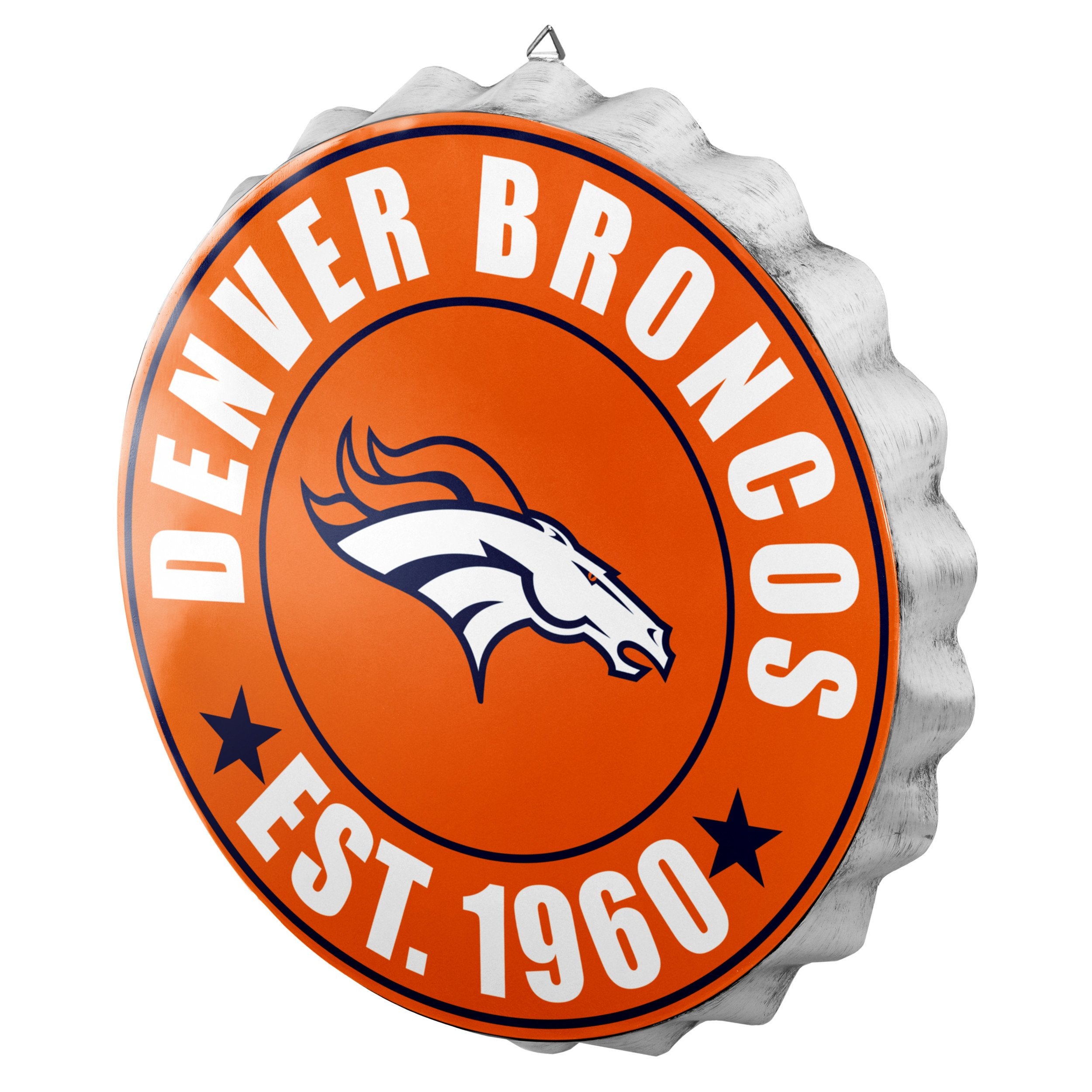 : 13” Denver Broncos Jumbo Metal Distressed Bottle Cap