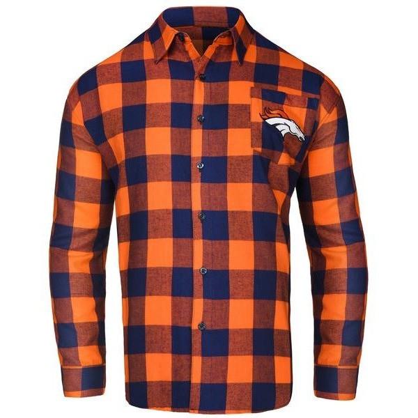 Denver Broncos Shirt Medium Orange Blue Plaid Flannel NFL Football