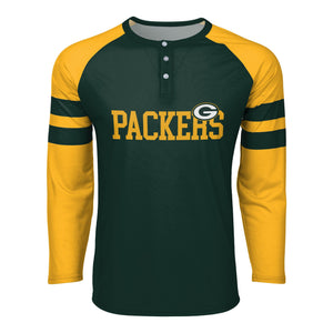 Green Bay Packers NFL Mens Team Stripe Wordmark Long Sleeve Henley