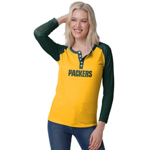 Green Bay Packers NFL Womens Big Wordmark Long Sleeve Henley