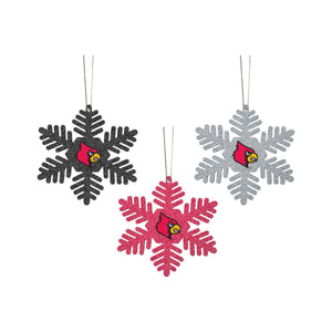 Louisville Cardinals NCAA 3 Pack Metal Glitter Snowflake Ornament