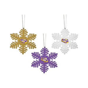 LSU Tigers NCAA 3 Pack Metal Glitter Snowflake Ornament