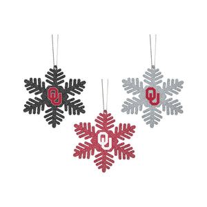 Oklahoma Sooners NCAA 3 Pack Metal Glitter Snowflake Ornament