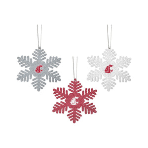 Washington State Cougars NCAA 3 Pack Metal Glitter Snowflake Ornament