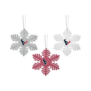 Houston Texans NFL 3 Pack Metal Glitter Snowflake Ornament