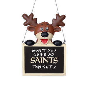 New Orleans Saints NFL Team Logo Reindeer With Sign Holiday Tree Ornament