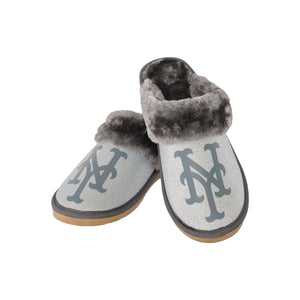 New York Mets MLB Womens Glitter Open Back Fur Moccasin Slippers
