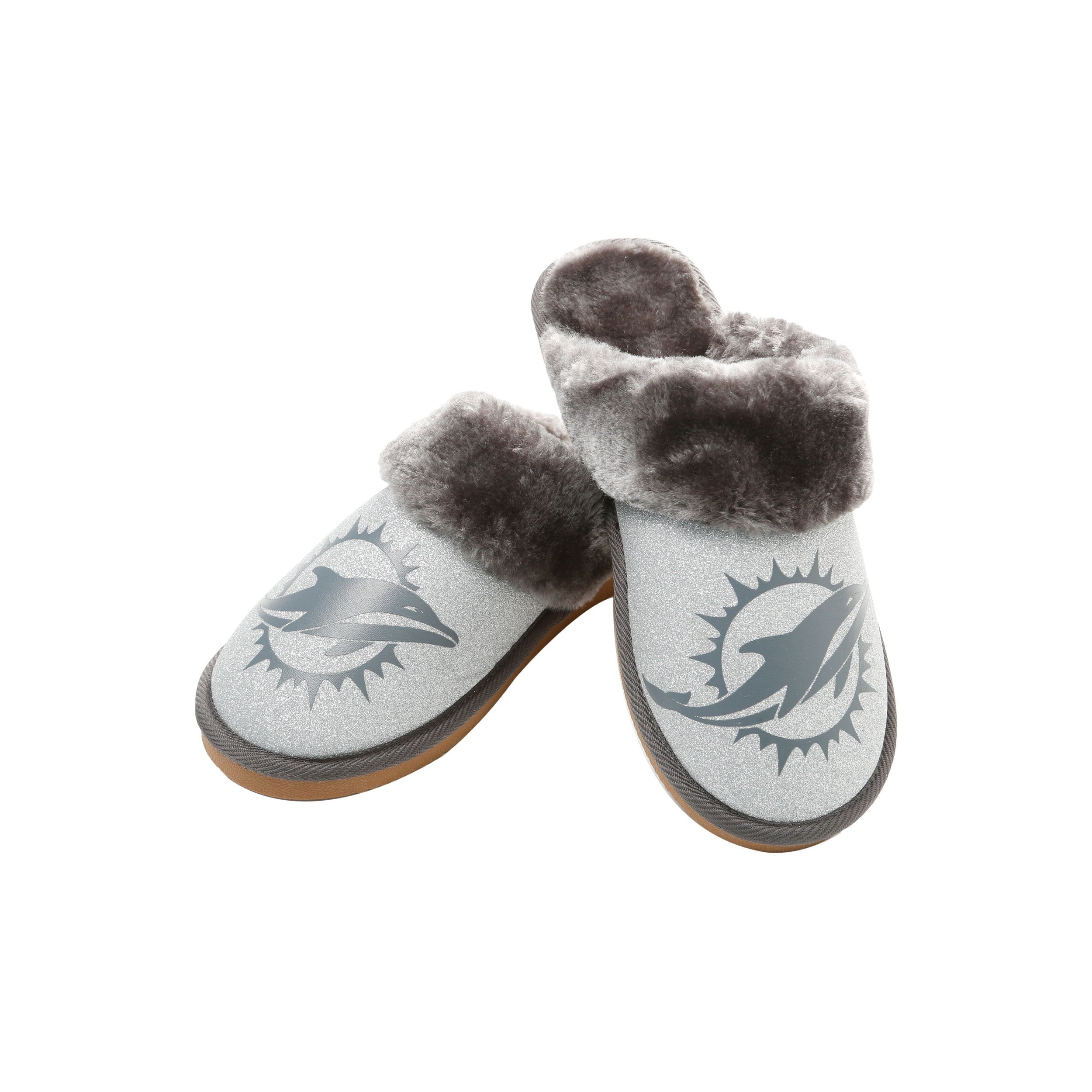 Miami Dolphins NFL Womens Glitter Open Back Fur Moccasin Slippers