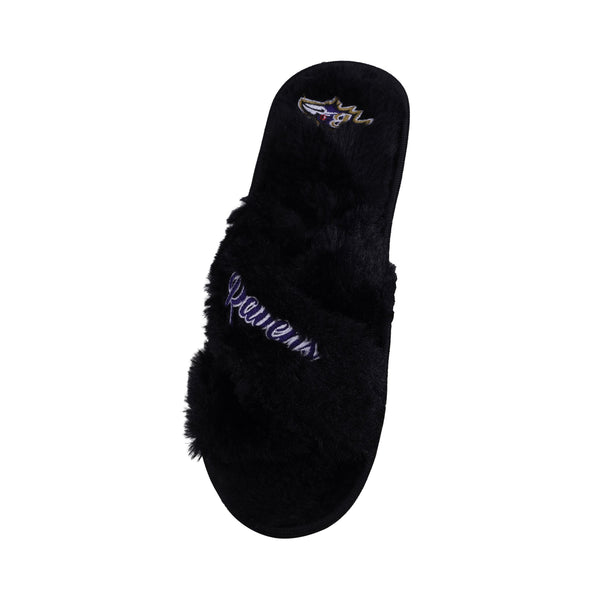 Baltimore Ravens NFL Womens Script Wordmark Fur Cross Slide