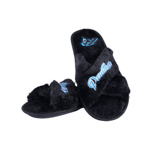 Carolina Panthers NFL Womens Script Wordmark Fur Cross Slide