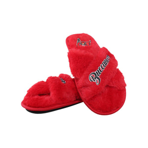 Tampa Bay Buccaneers NFL Womens Script Wordmark Fur Cross Slide
