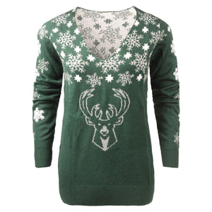 Milwaukee Bucks NBA Womens Snowflake V-Neck Sweater