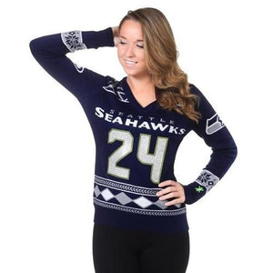 Seattle Seahawks Lynch #24 Player Glitter V-Neck Sweater