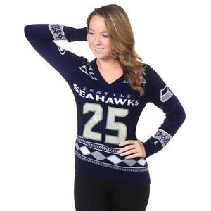Seattle Seahawks Richard Sherman Player Glitter V-Neck Sweater