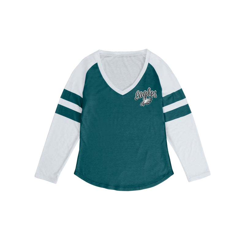 Philadelphia Eagles NFL Womens Script Wordmark Striped Sleeve Raglan T