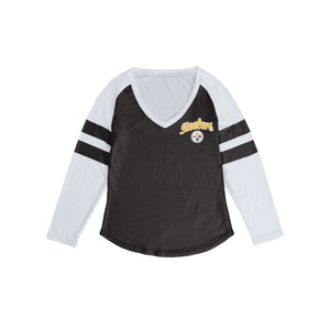 Pittsburgh Steelers NFL Womens Script Wordmark Striped Sleeve Raglan T-Shirt