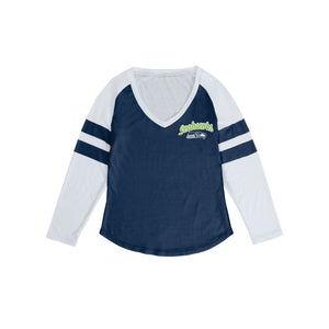 Seattle Seahawks NFL Womens Script Wordmark Striped Sleeve Raglan T-Shirt