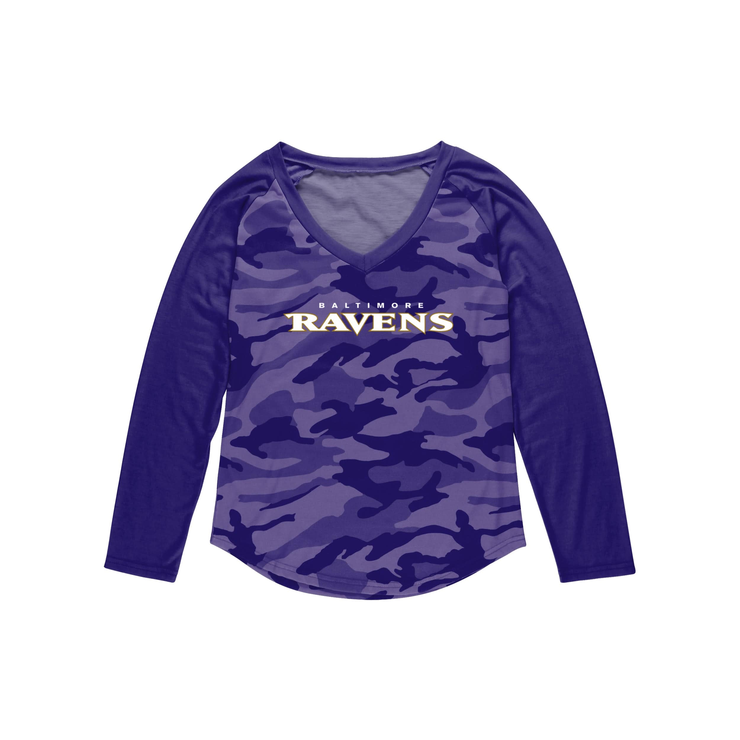 Baltimore Ravens Womens Script Wordmark Striped Sleeve Raglan T