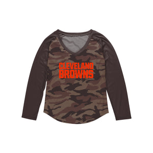 Cleveland Browns NFL Womens Wordmark Tonal Camo Raglan T-Shirt