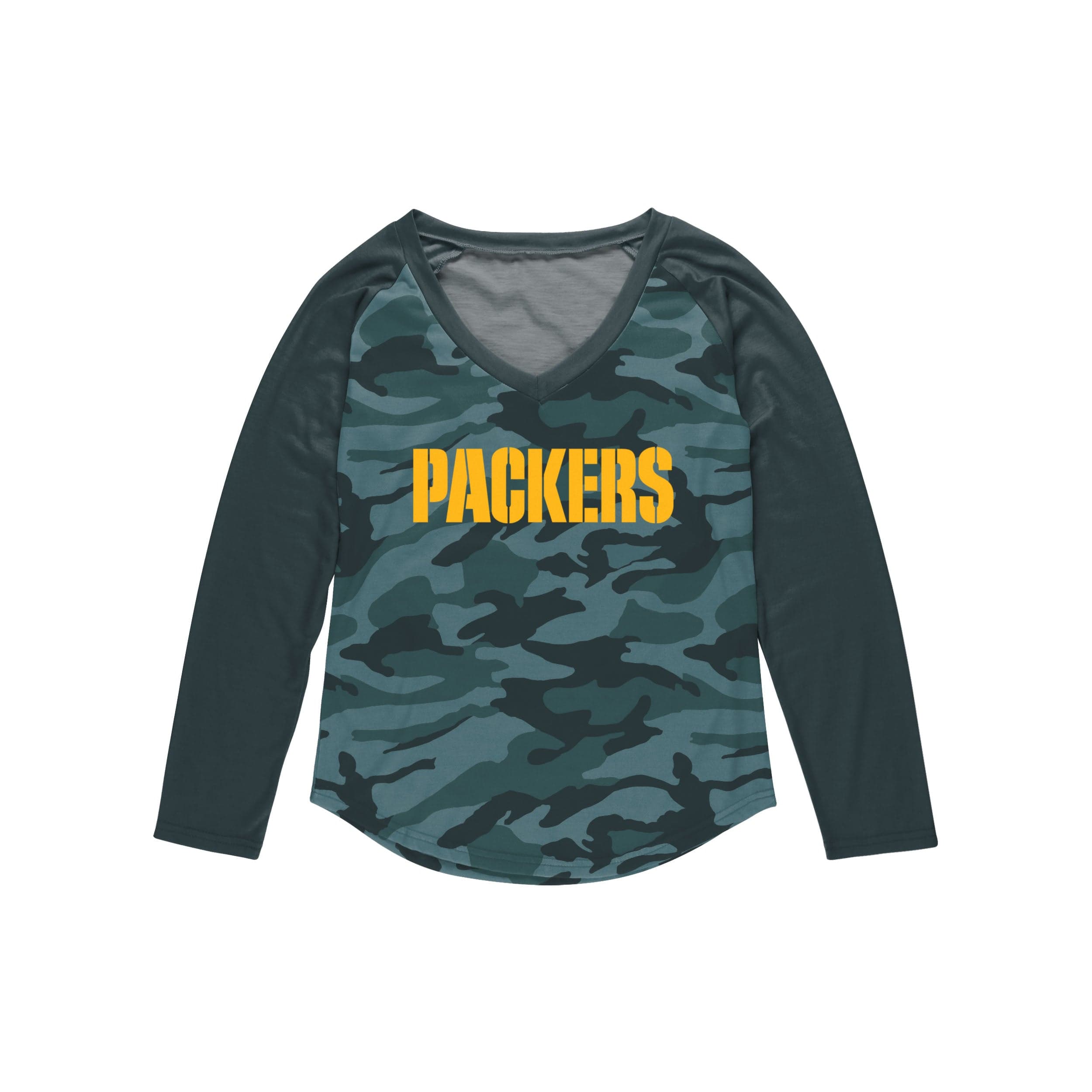 Green Bay Packers NFL Womens Wordmark Tonal Camo Raglan T