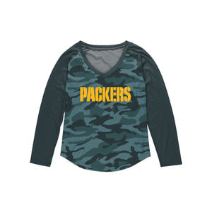 Green Bay Packers NFL Womens Wordmark Tonal Camo Raglan T-Shirt