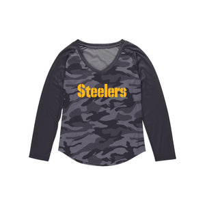 Pittsburgh Steelers NFL Womens Wordmark Tonal Camo Raglan T-Shirt