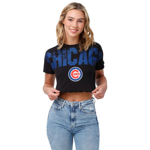 Chicago Cubs MLB Womens Petite Distressed Wordmark Crop Top