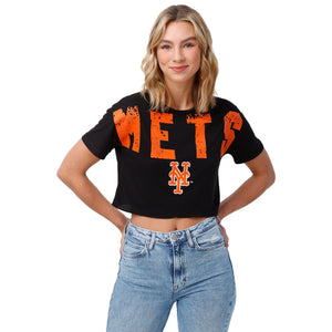 New York Mets MLB Womens Petite Distressed Wordmark Crop Top