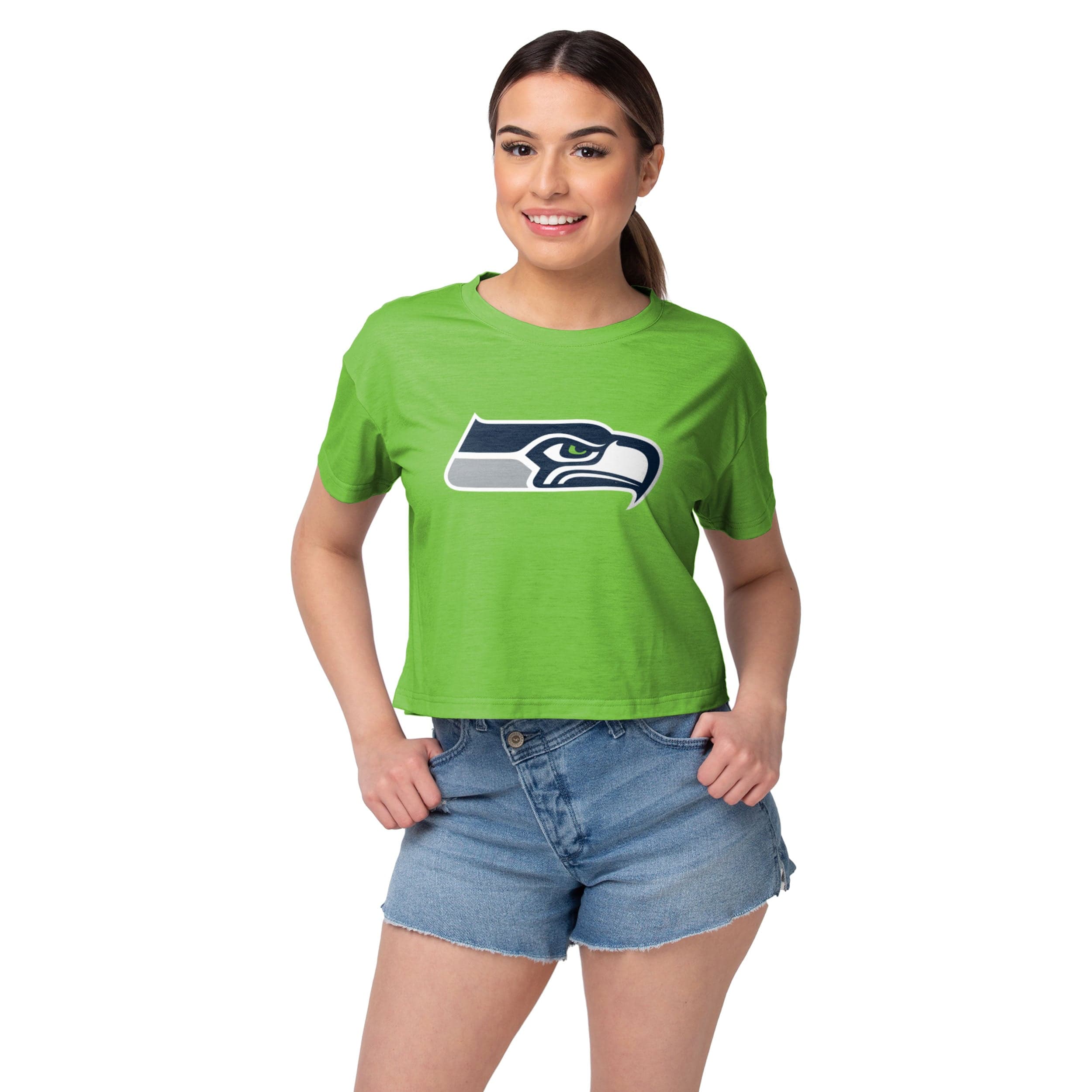 NFL team apparel seattle Seahawks woman's croped v-neck tee size