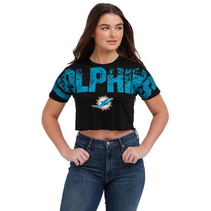 Miami Dolphins NFL Womens Petite Distressed Wordmark Crop Top