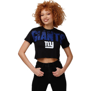New York Giants NFL Womens Petite Distressed Wordmark Crop Top