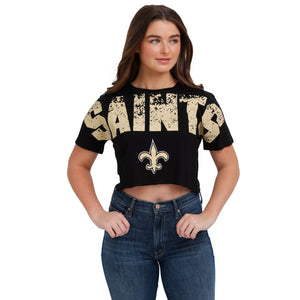 New Orleans Saints NFL Womens Petite Distressed Wordmark Crop Top