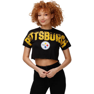 Pittsburgh Steelers NFL Womens Petite Distressed Wordmark Crop Top