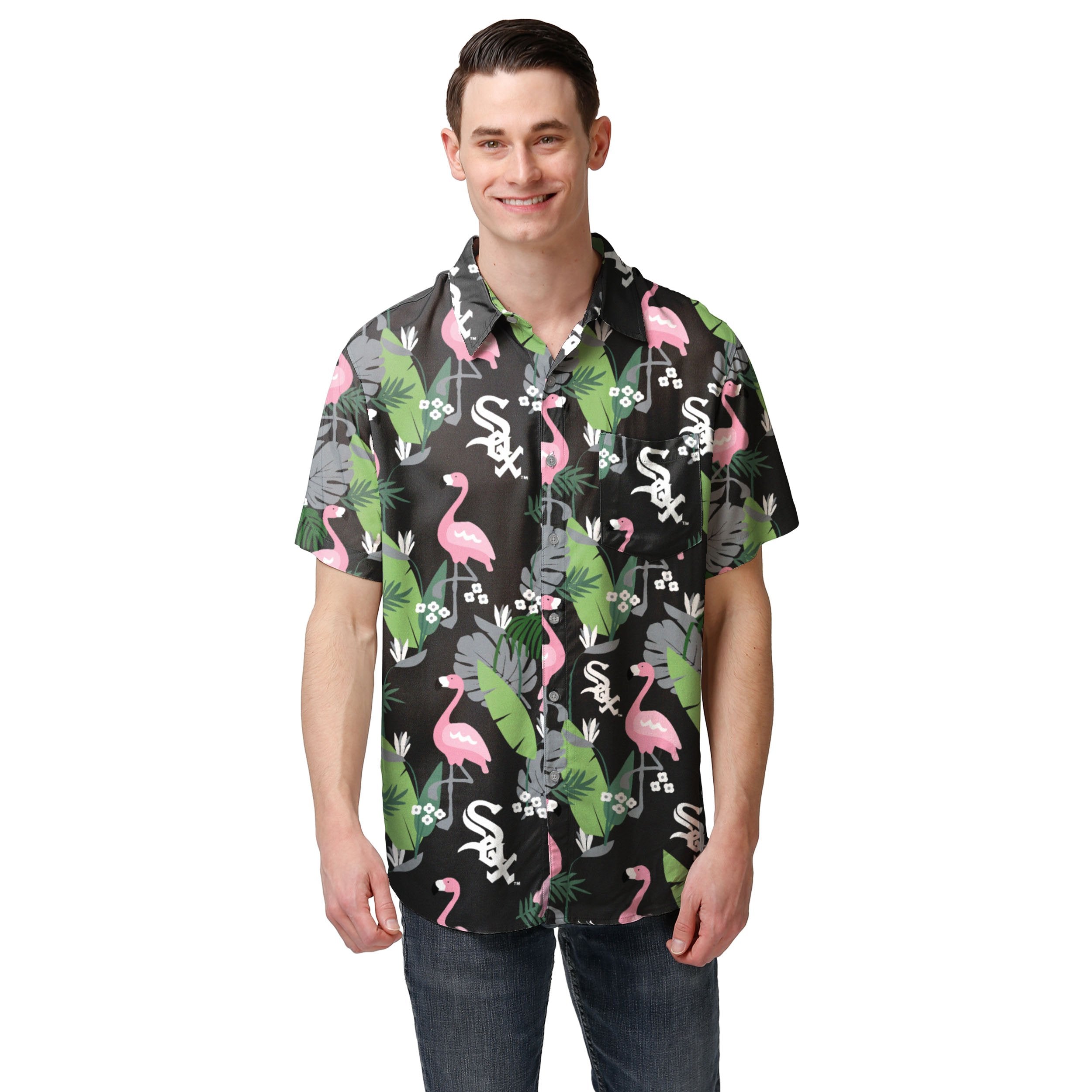 FOCO San Francisco 49ers NFL Mens Flamingo Button Up Shirt