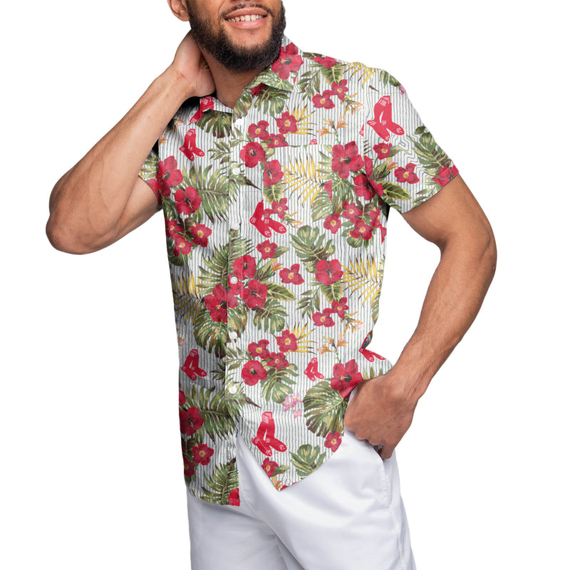 thumbnail image 2 of Men's Team Logo Hibiscus Floral Button Up Shirt - Short Sleeve Hawaiian Style 2 of 9