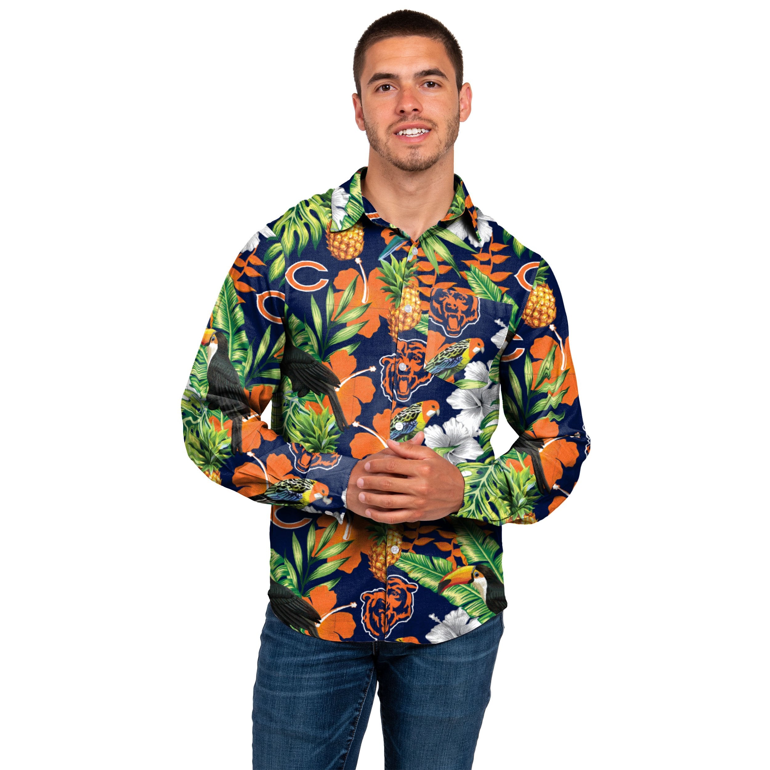 FOCO Chicago Bears NFL Mens Long Sleeve Floral Button Up Shirt - L