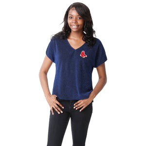 Boston Red Sox MLB Womens Gametime Glitter V-Neck T-Shirt