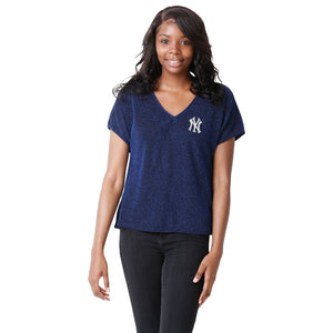New York Yankees MLB Womens Gametime Glitter V-Neck T-Shirt